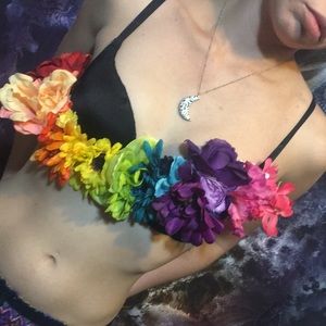 Black and rainbow flower rave push up bra